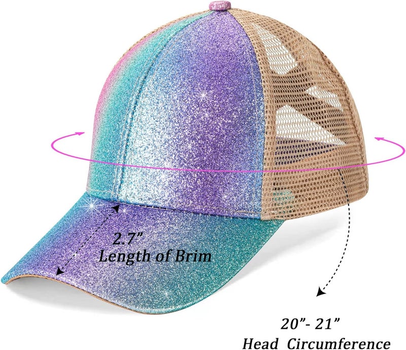 BROMZ Girls Glitter Baseball Cap Kids Ponytail Hat Adjustable Summer Mesh Trucker Hats for 4-12 Years - Image 3
